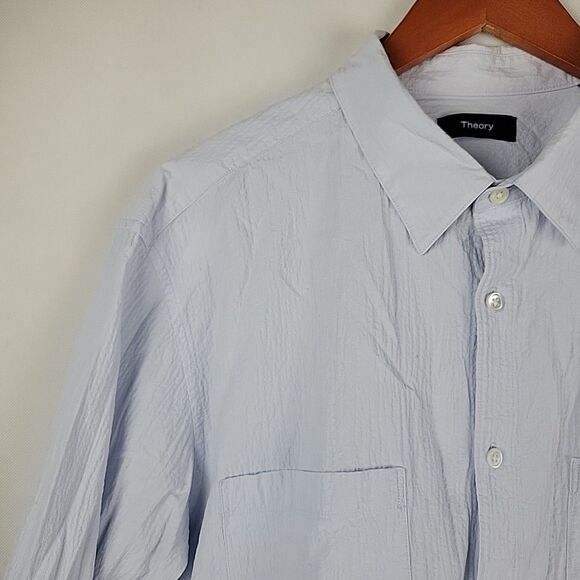Theory Irving Shirt Mens XXL Pale Blue Seersucker Long Sleeve Stretch Cotton - Picture 3 of 11